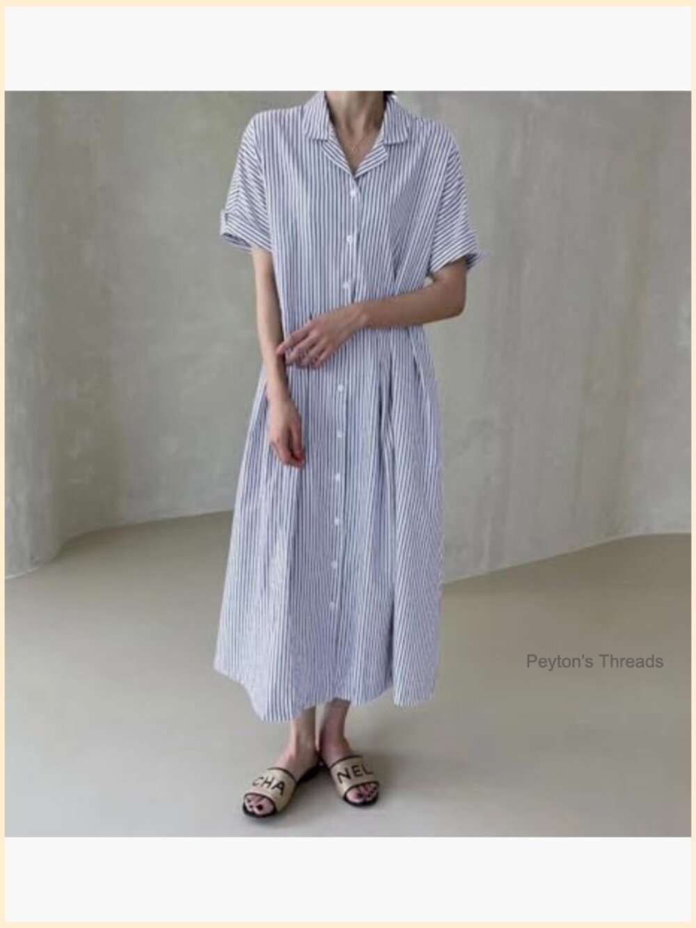 Cotton Striped Button Up Midi Shift Dress with Pockets Loose Fit - Picture 3 of 5